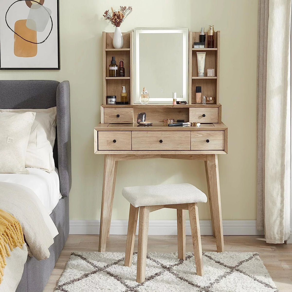 Vanity Set with Lighted Mirror and Cushioned Stool X707192