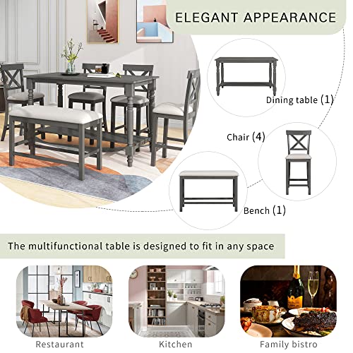 6-Piece Counter Height Table with Shelf 4 Chairs and Bench Gray L4024