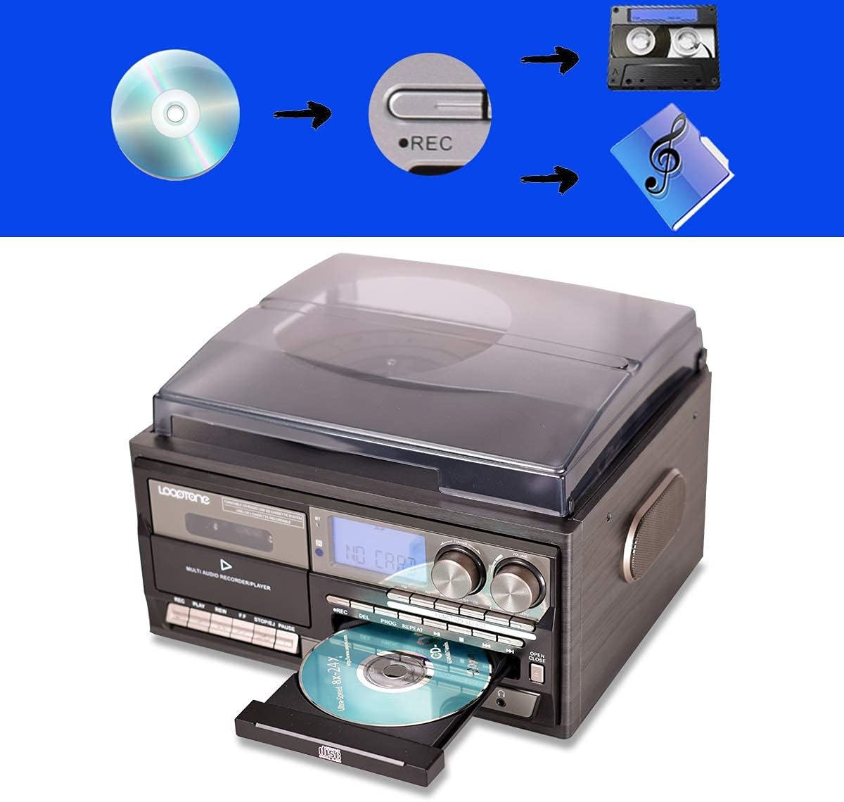 Vinyl Record Player 9 in 1 3 Speed Bluetooth Turntable CD Cassette Player AM/FM Radio USB Recorder Aux-in RCA Line-Out Black J355939