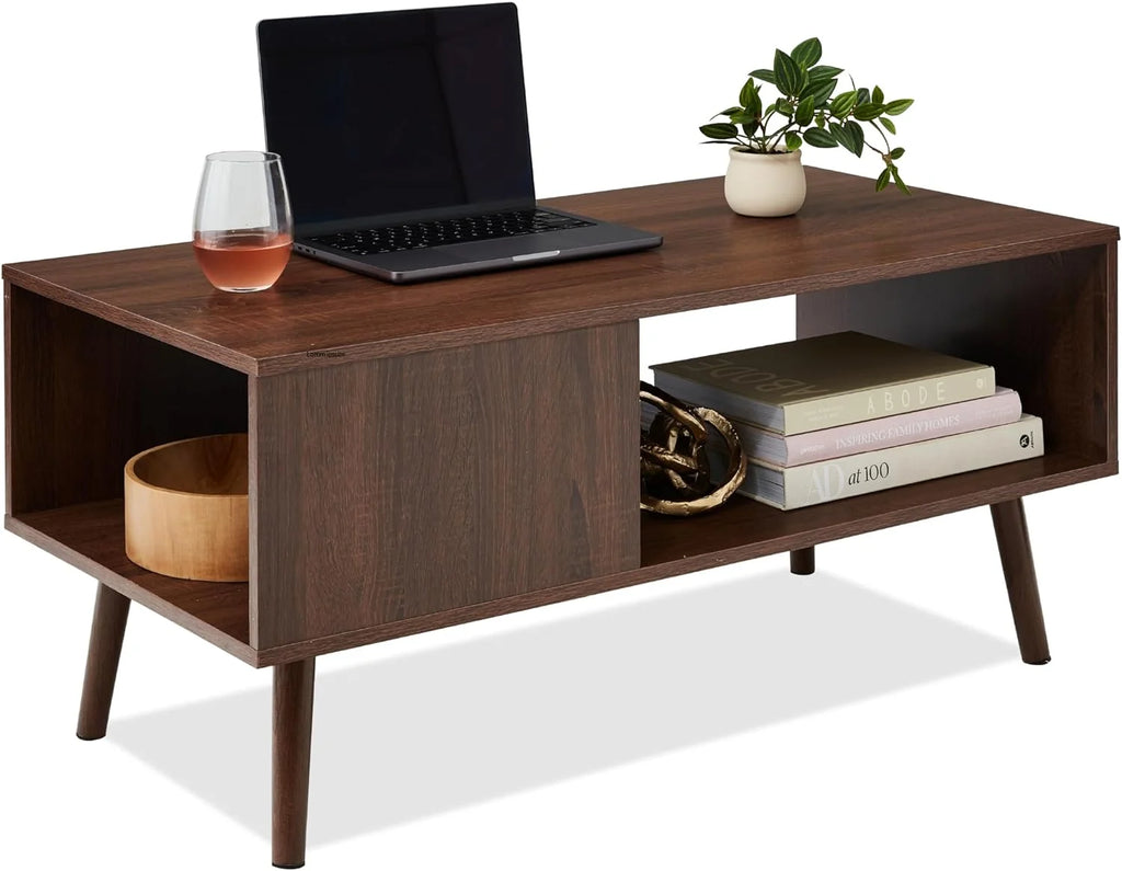 Mid-Century Modern Wooden Coffee Table with Open Storage Shelf B548373