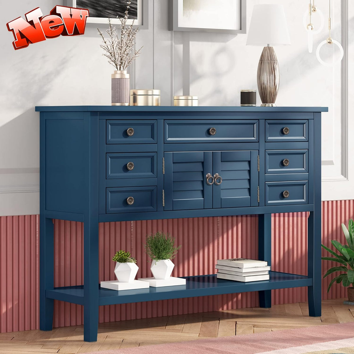 Solid Wood Buffet Sideboard with Door Cabinet, 7 Storage Drawers, Bottom Shelf, 45'' Red X63295