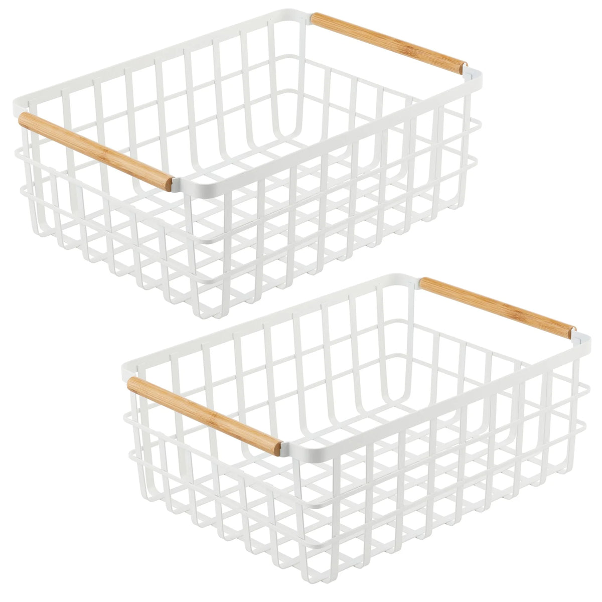 Matte White/Natural Metal Wire Organizer Basket with Bamboo Handles, 2 Pack Q58943