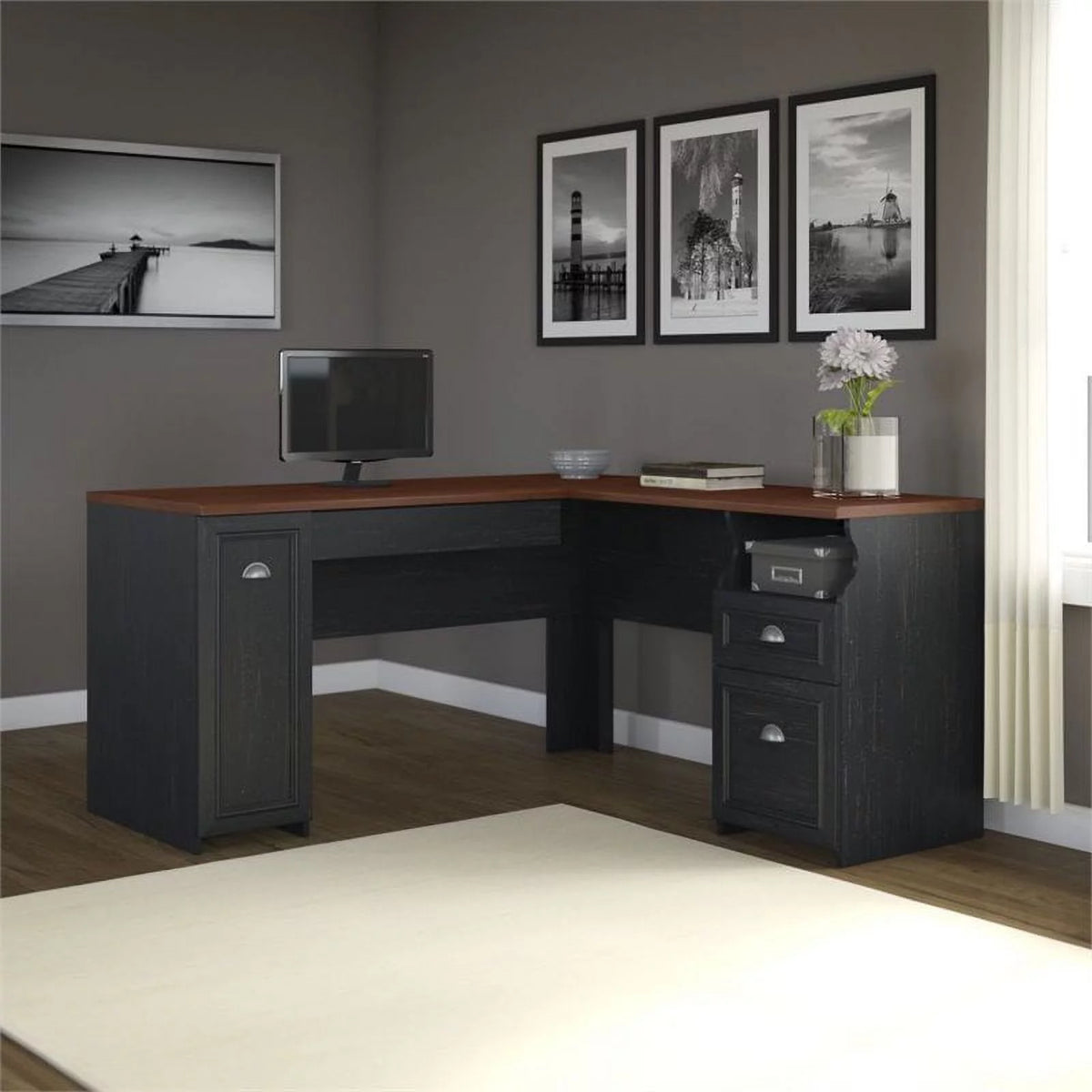 L-Shaped Wood Computer Desk in Black J355468