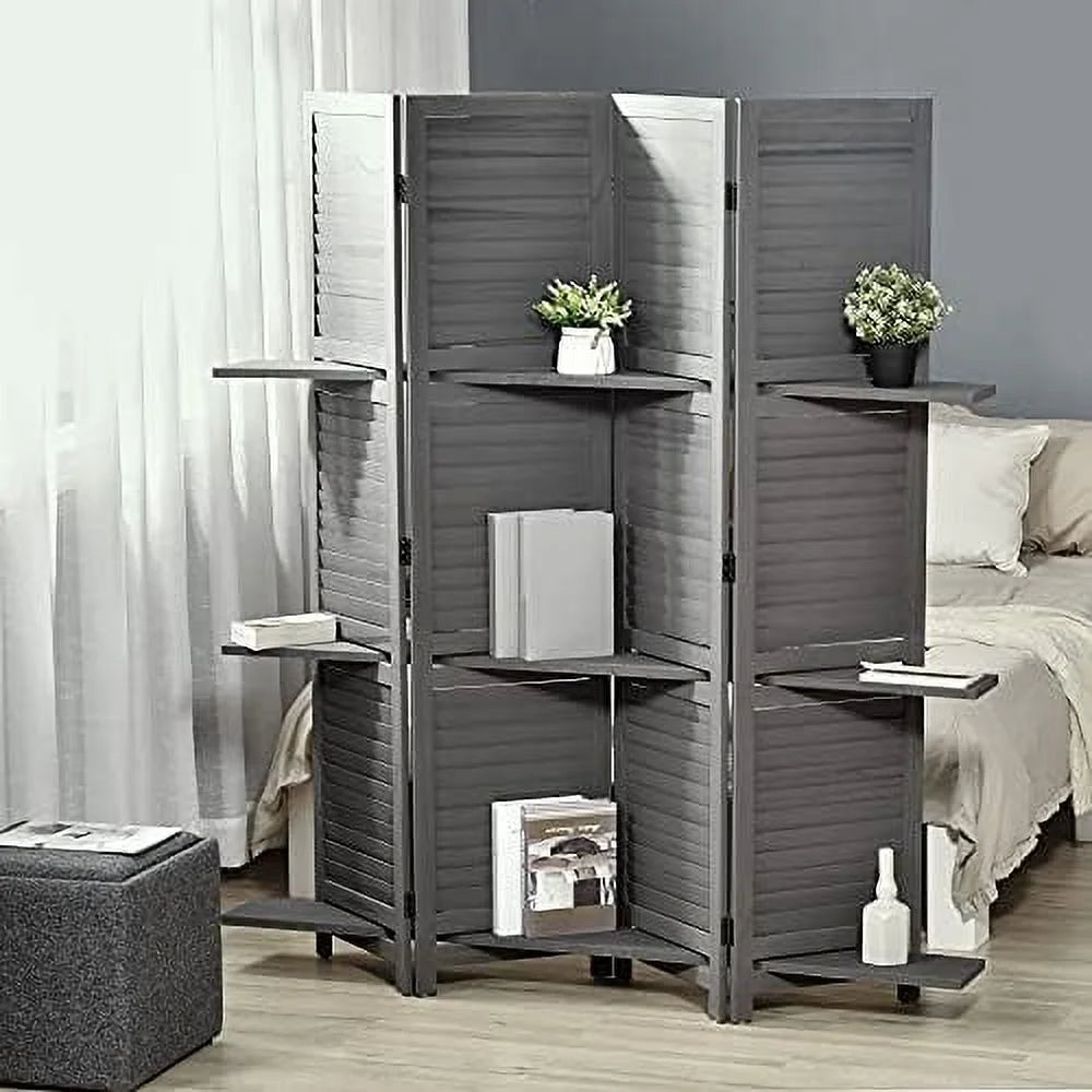 4 Panel Wood Privacy Screen Room Divider with Shelves O68977