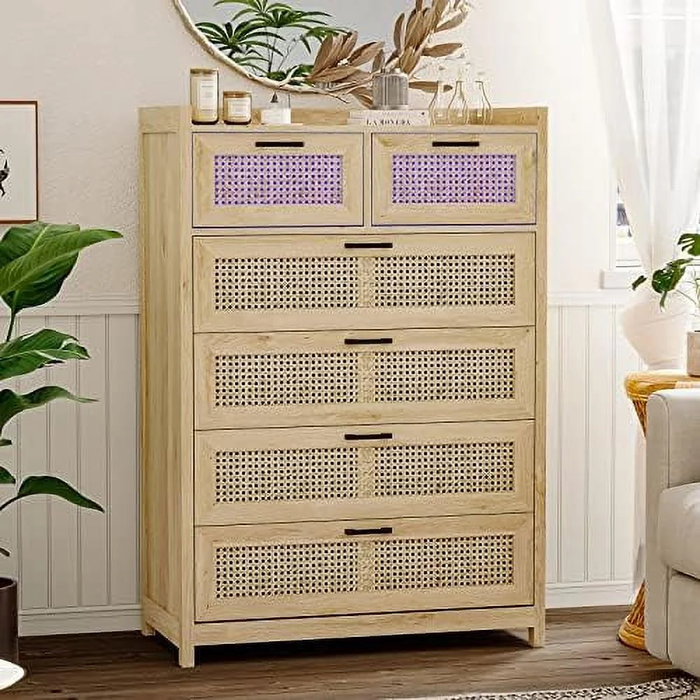 7 Drawer Rattan Wood Dresser with LED Lights W220565