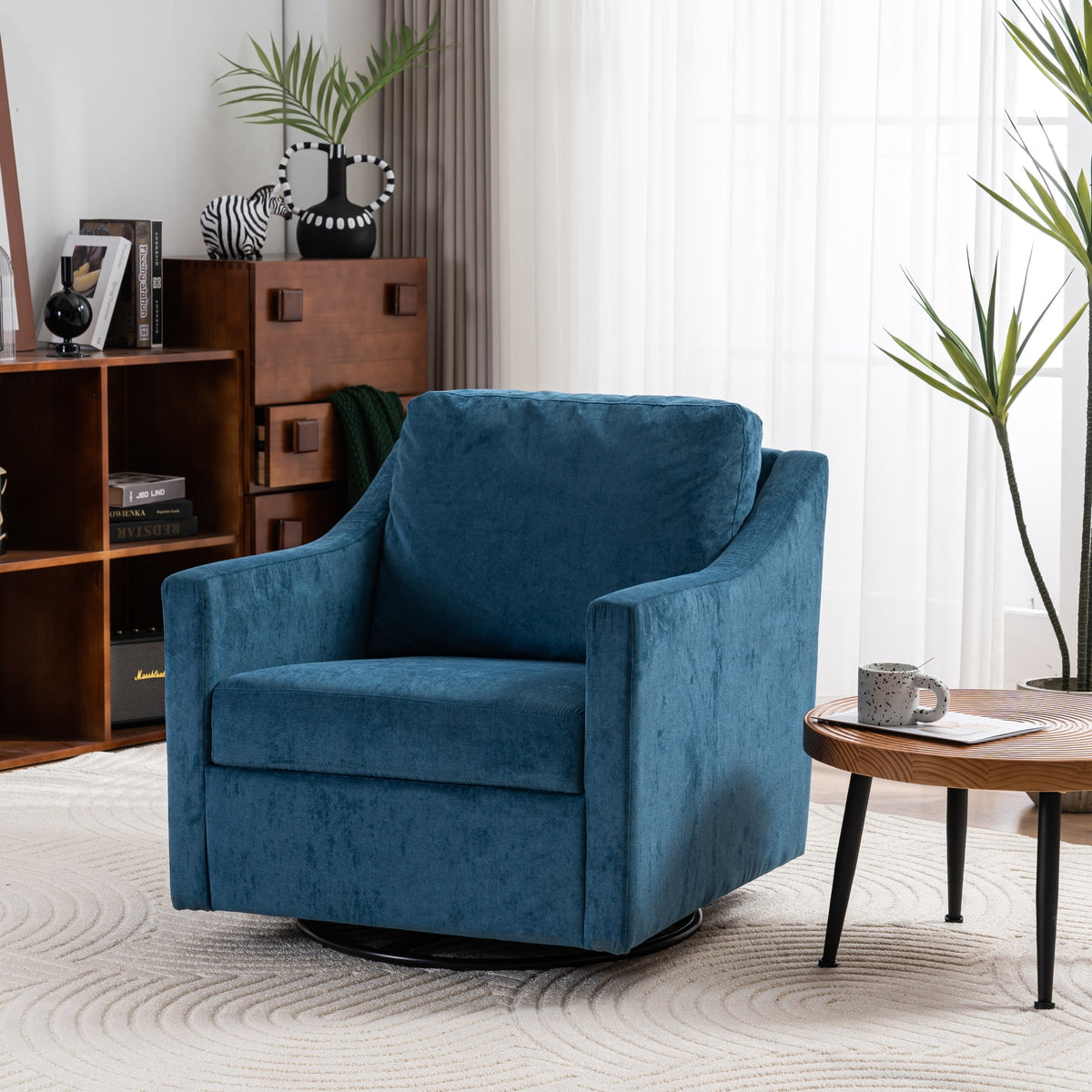 Large Navy Blue Linen Fabric Swivel Armchair S928940