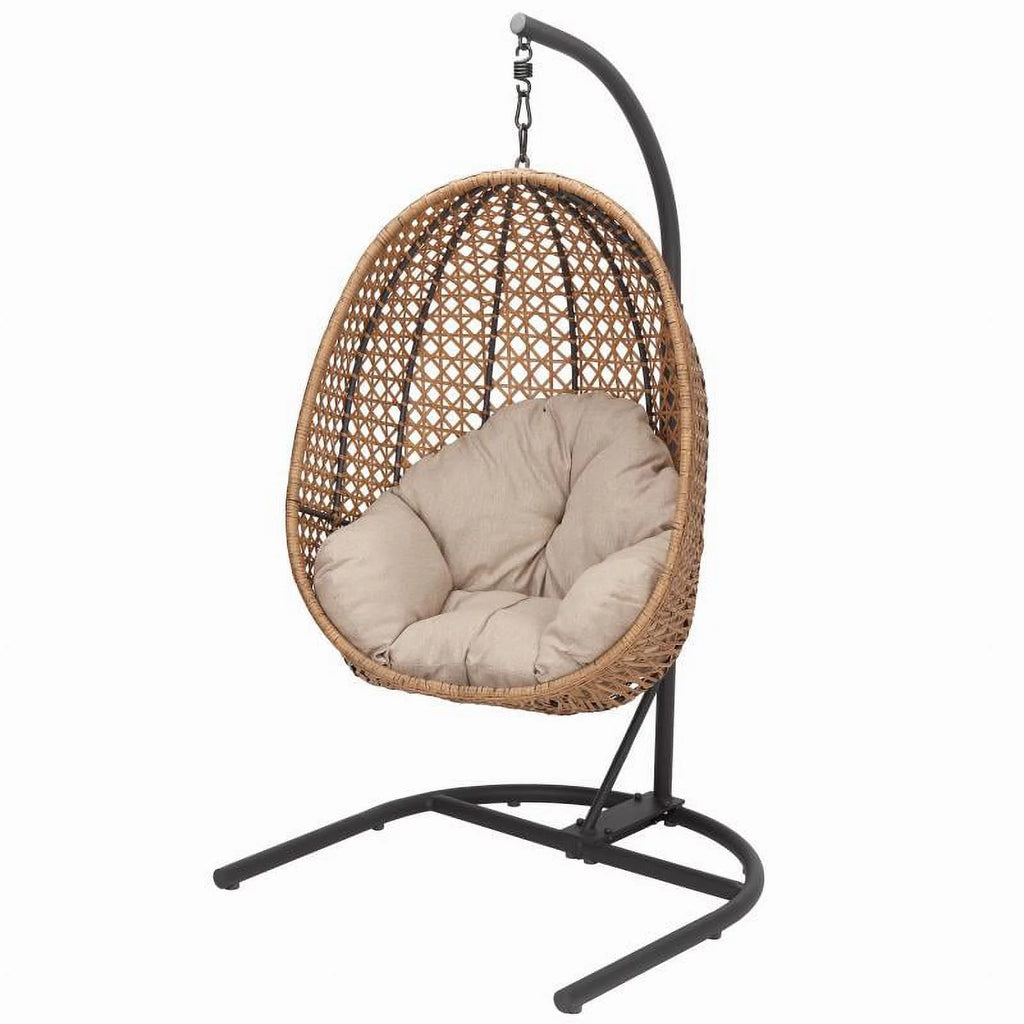 Hanging Egg Chair with Stand Tan Wicker Beige Cushion M349187