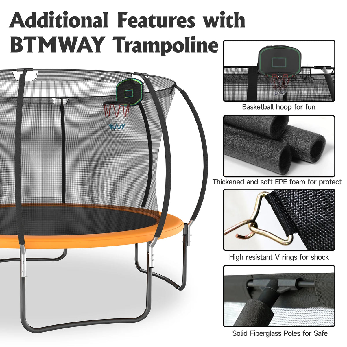 12FT Trampoline with Basketball Hoop and Safety Enclosure Net U610