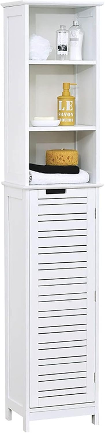 Freestanding Bath Linen Tower Cabinet 1 Door 3 Shelves Wood White U567722