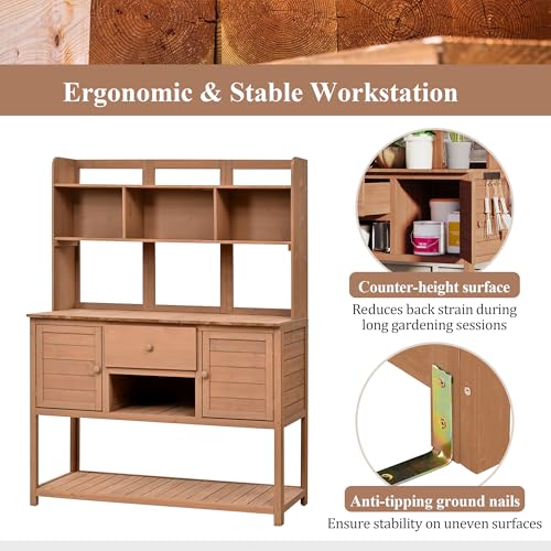 Light Brown Fir Wood Potting Bench with Drawers and Storage Shelves S737645
