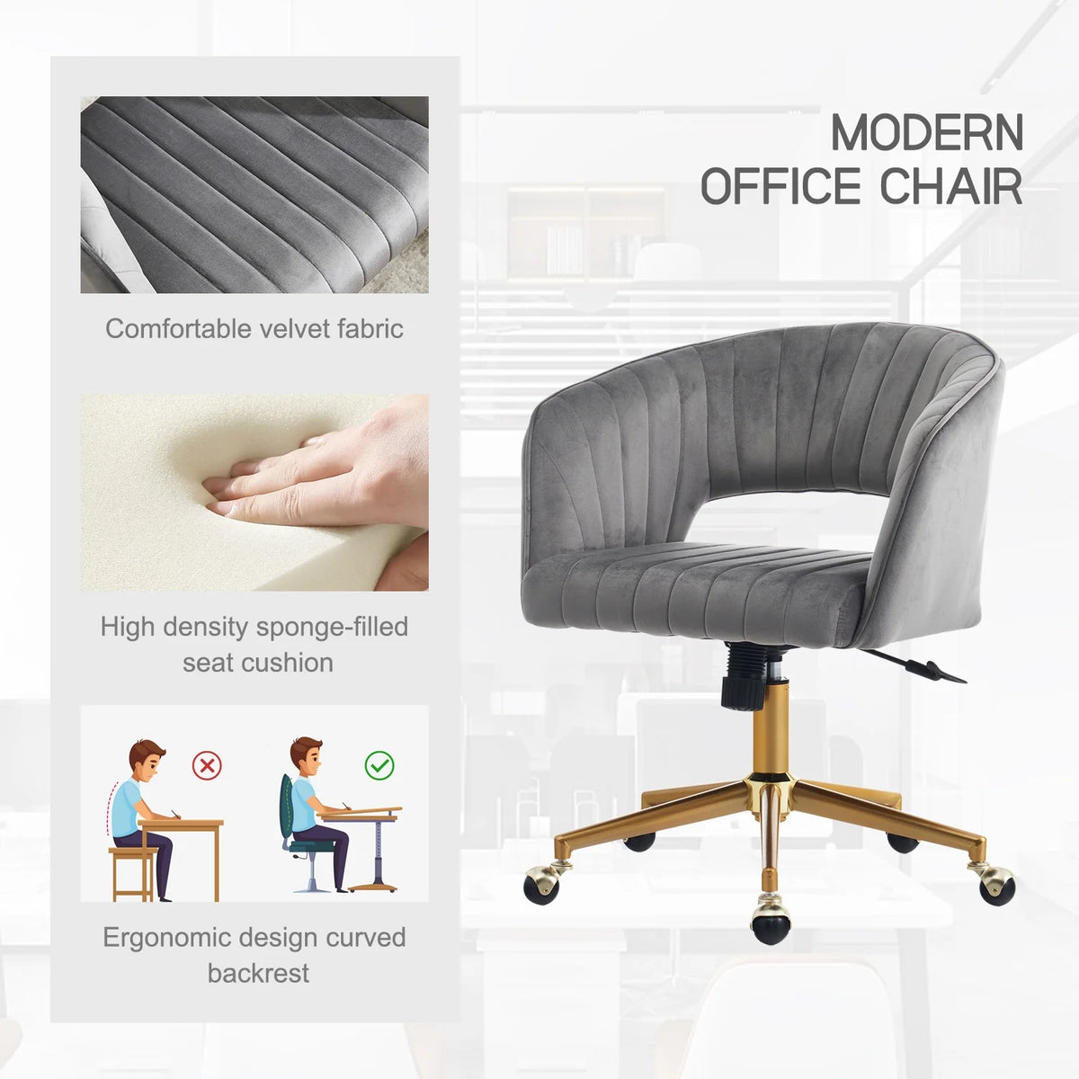 Grey Velvet Upholstered Swivel Office Chair V494