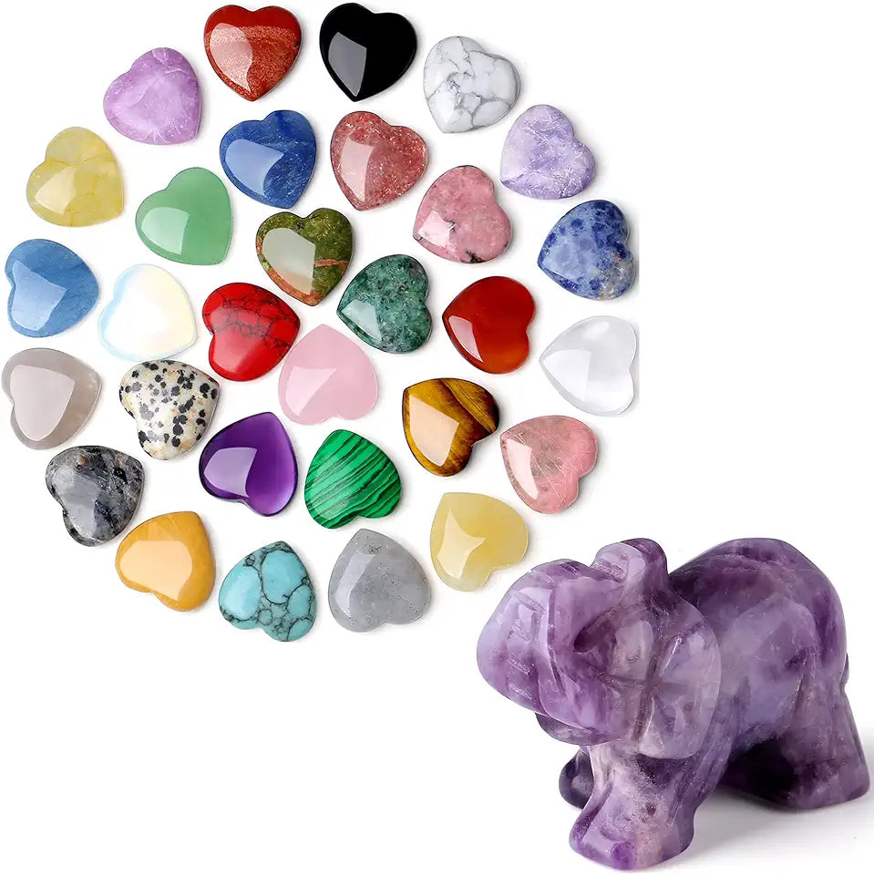 30 PCS Heart Crystals and 1.5" Amethyst Elephant Polished Statue H797