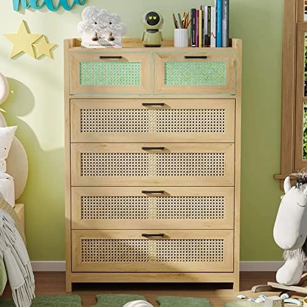 7 Drawer Rattan Wood Dresser with LED Lights W220565
