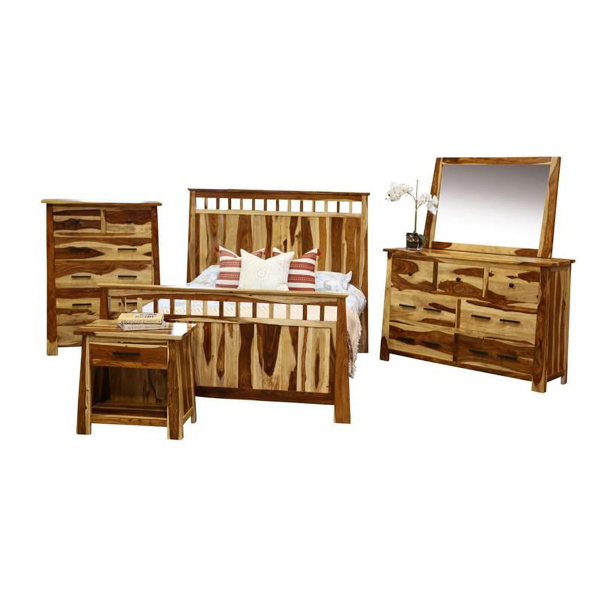 Solid Sheesham Wood Queen Bed with 2 Nightstands P3899