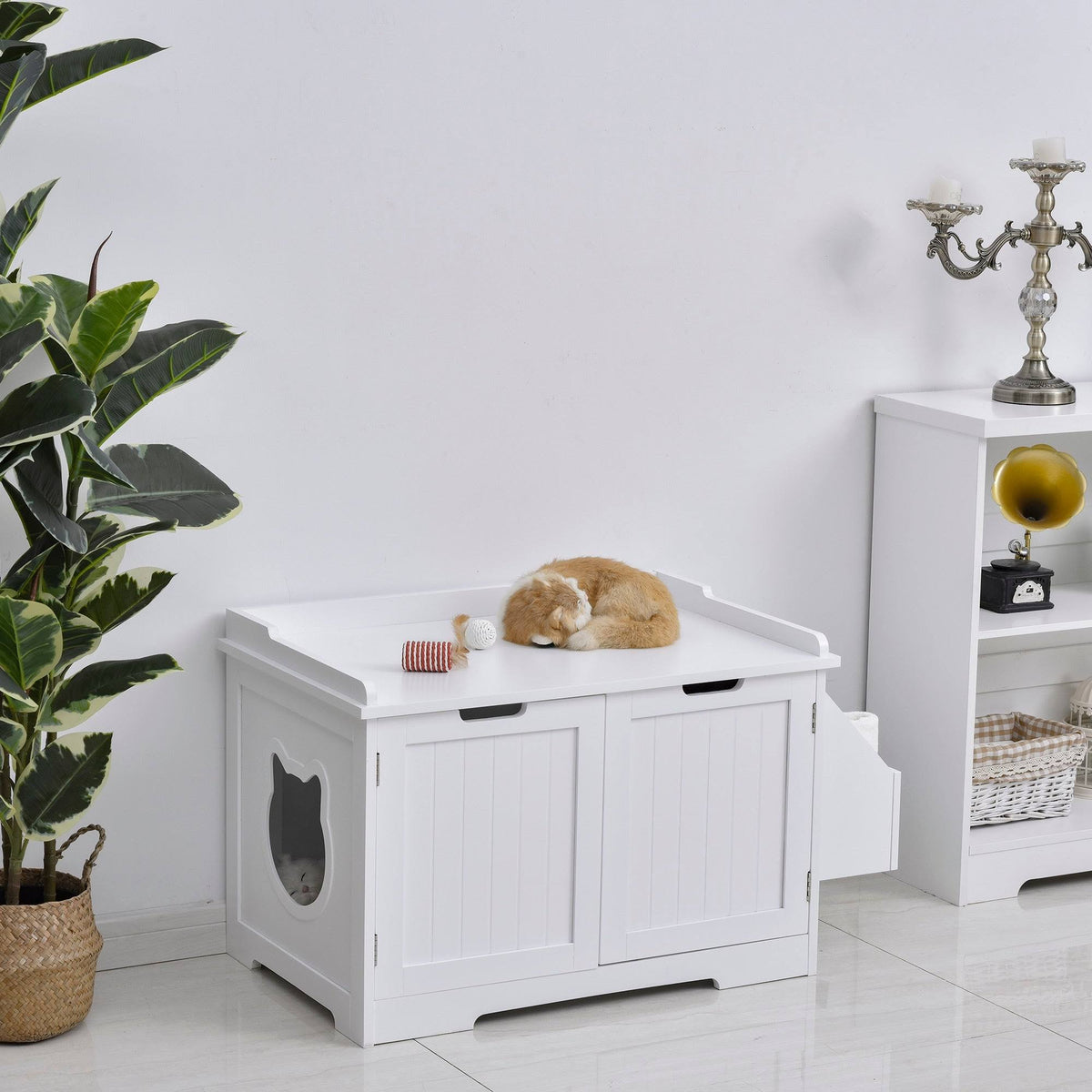 White Wooden Cat Litter Box Enclosure with Storage Rack R3612