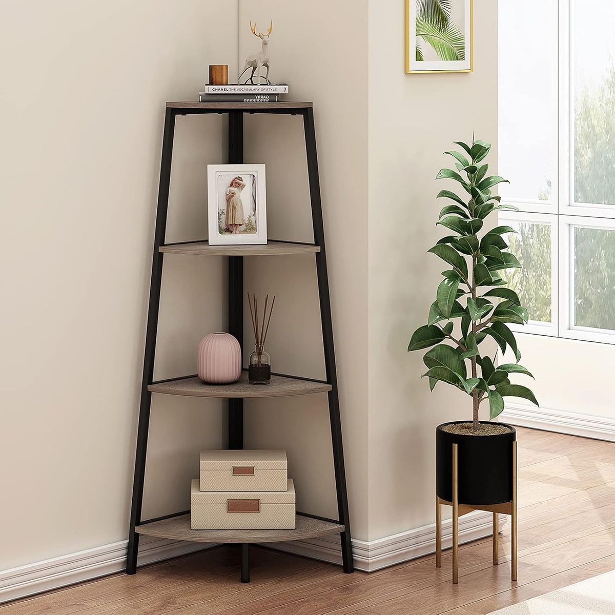 Grey 4 Shelves Corner Bookcase K646724