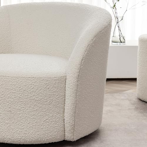 Cream Boucle Swivel Barrel Chair with Round Ottoman Set J88876