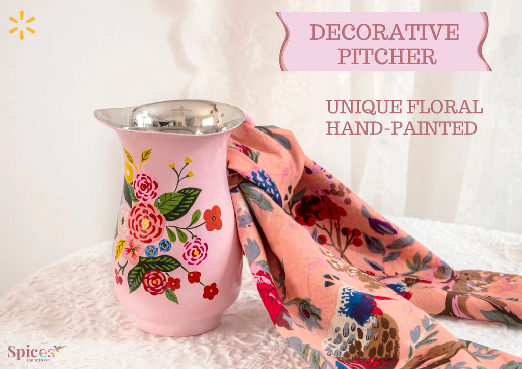 Hand-Painted Floral Stainless Steel Pink Water Pitcher W274