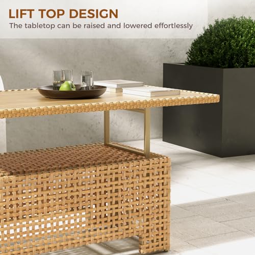 Beige Wicker Rattan Adjustable Lift Top Coffee Dining Table D424