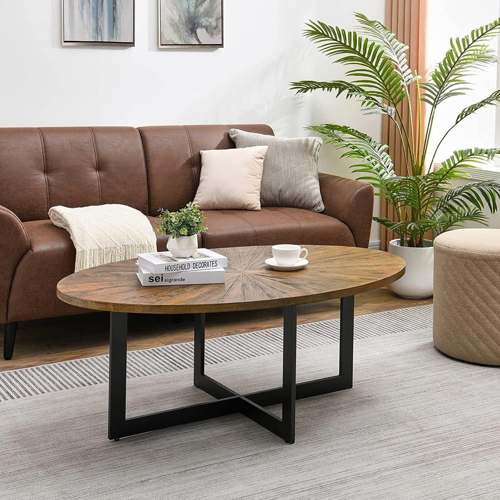 Solid Wood Oval Coffee Table with Cross Metal Legs Brown V905