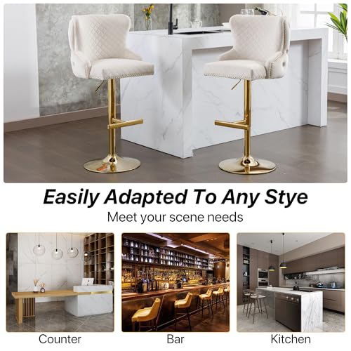 Beige Velvet Adjustable Swivel Barstools Set of 2 A359