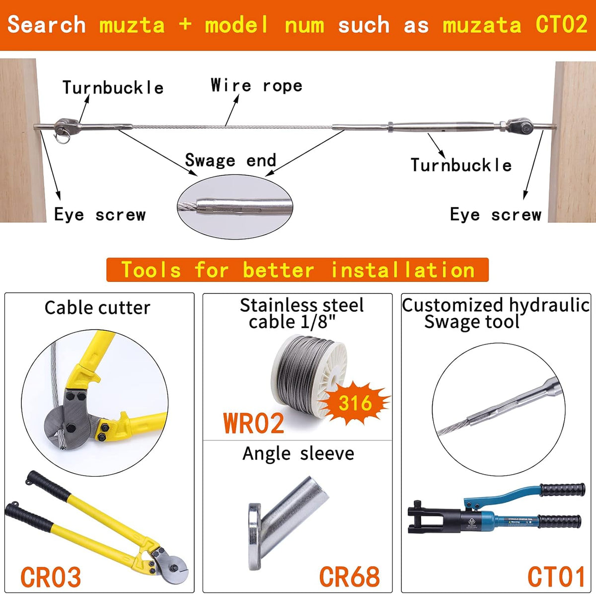 20 Set 1/8 T316 Stainless Steel Cable Railing Kit B794009