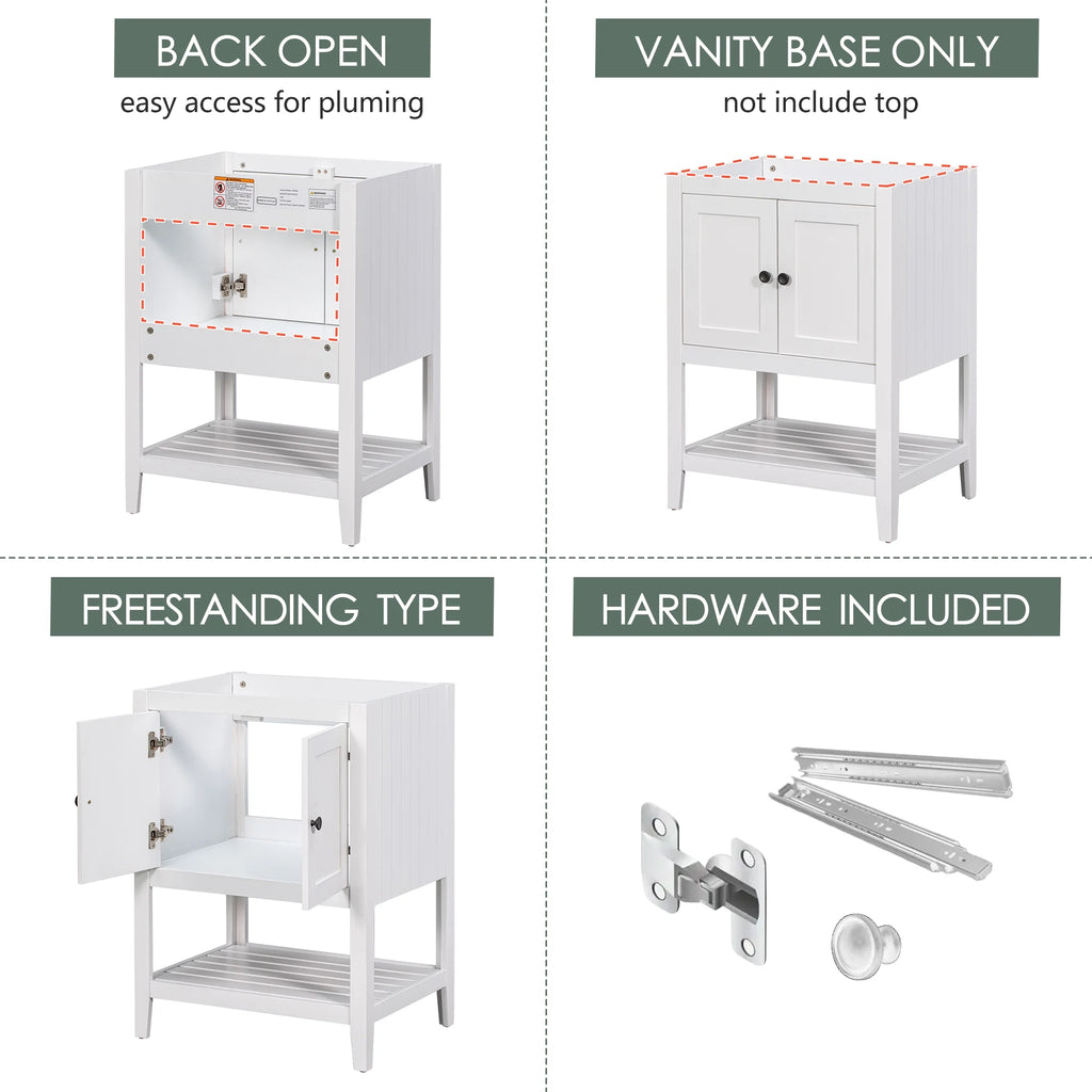 24" White Bathroom Vanity Base Only with Doors and Open Shelf D4294