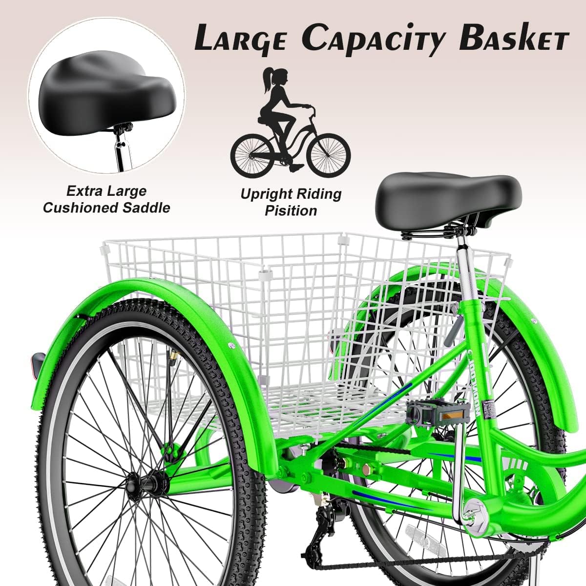 Apple Green 7 Speed 3 Wheel Adult Tricycle with Basket T399529