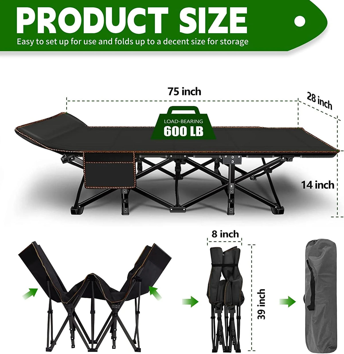 Oversized XXL Folding Camping Cot with Cushion & Carry Bag D591717