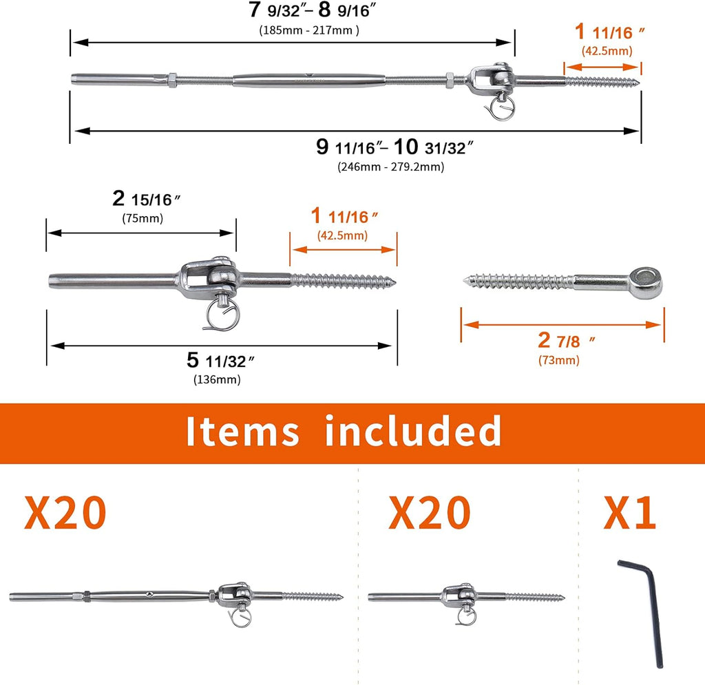20 Set 1/8 T316 Stainless Steel Cable Railing Kit B794009