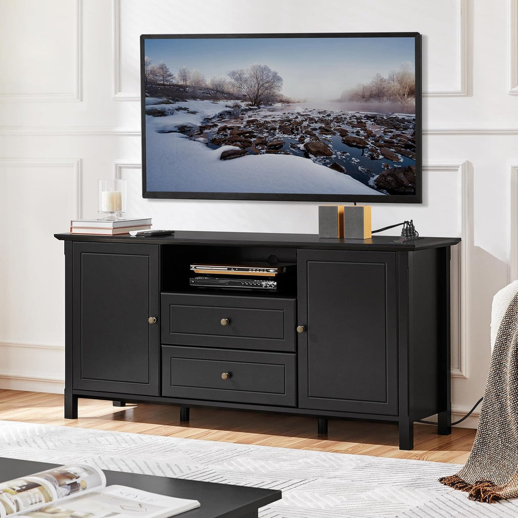 Black Media Entertainment Center with Power Outlet & Storage Cabinets R9750