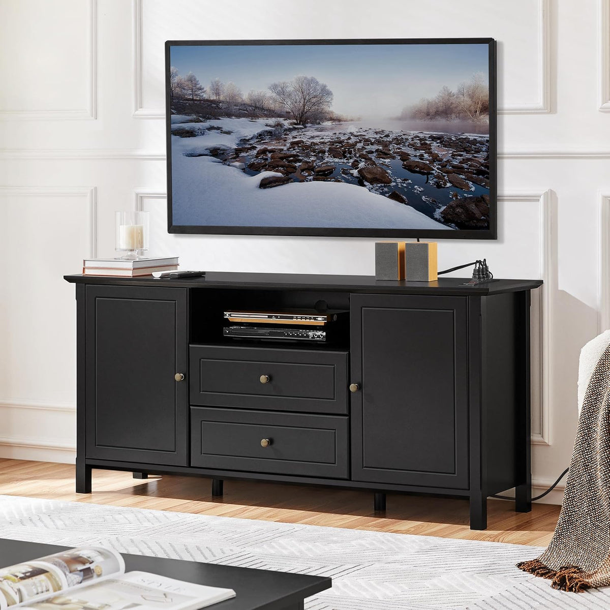Black Media Entertainment Center with Power Outlet & Storage Cabinets R9750