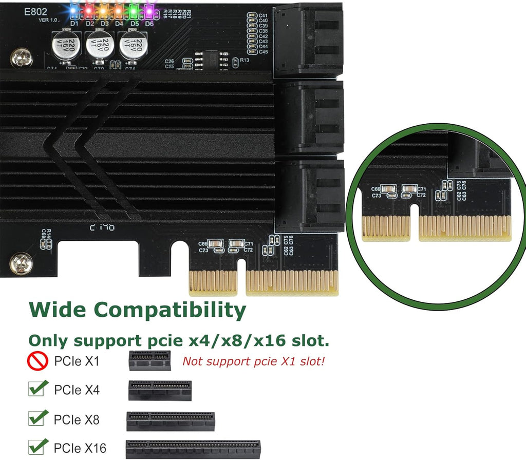 PCIe X4 6 Ports SATA III Expansion Card 6 Gbps with 6 SATA Cables T35794