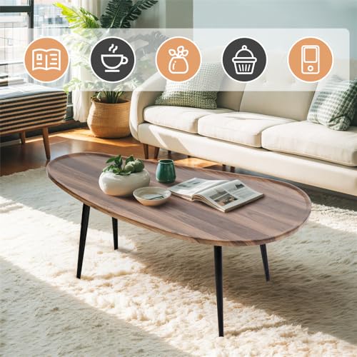 Oval Coffee Table with Metal Legs, Walnut 23.6" D x 47.2" W x 18.5" H R5466