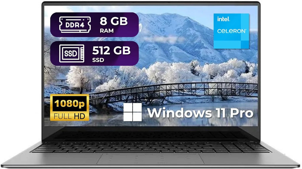 15.6" Laptop, Intel Quad-Core, 8GB RAM, 512GB SSD, Win 11 Pro, Fingerprint, Backlit Keyboard, HDMI, Bluetooth, USB 3.0, HD Webcam I636