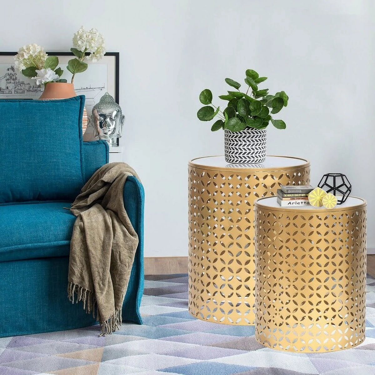 Metal End Tables Set of 2 Gold Nesting Side Coffee Table M139307
