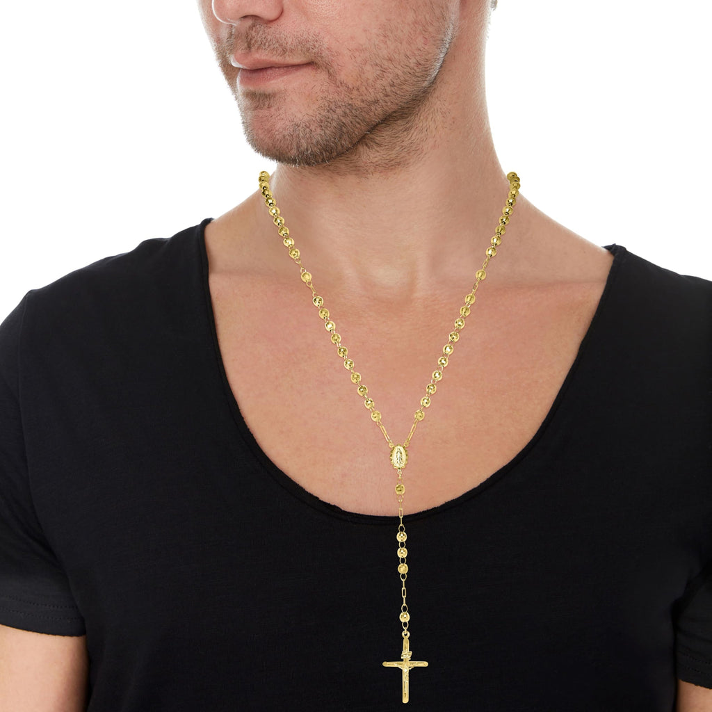 10k Yellow Gold Rosary Necklace with Virgin Mary Medal and Crucifix Pendant W26386