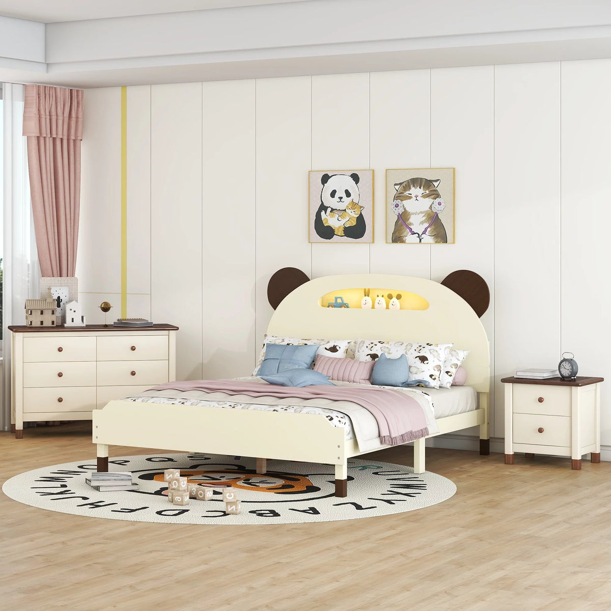 Full Size Bear-Shape Platform Bed with Nightstand and Storage Dresser E22367