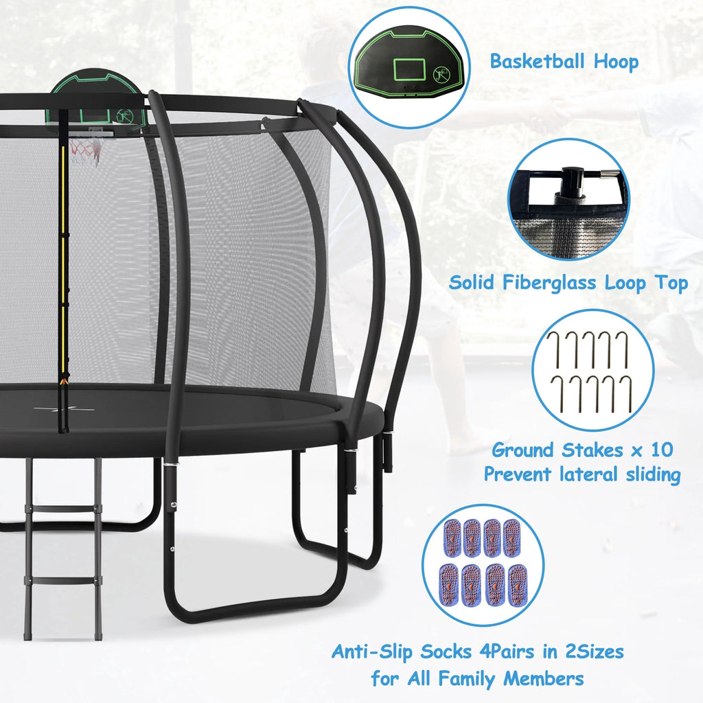 12FT-16FT Trampoline with Enclosure, Basketball Hoop, Wind Stakes I966