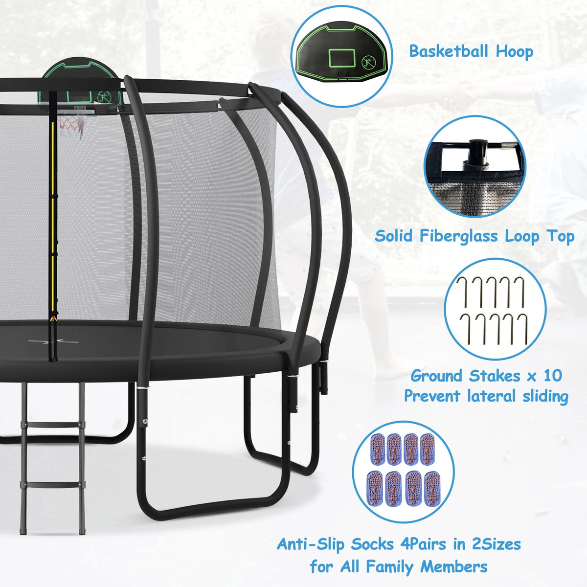 12FT-16FT Trampoline with Enclosure, Basketball Hoop, Wind Stakes I966