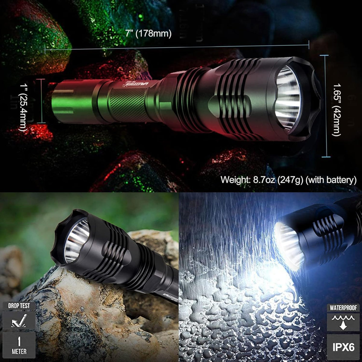 Predator Light with Interchangeable Red Green White LED Hunting Flashlight with Scope Mount B751