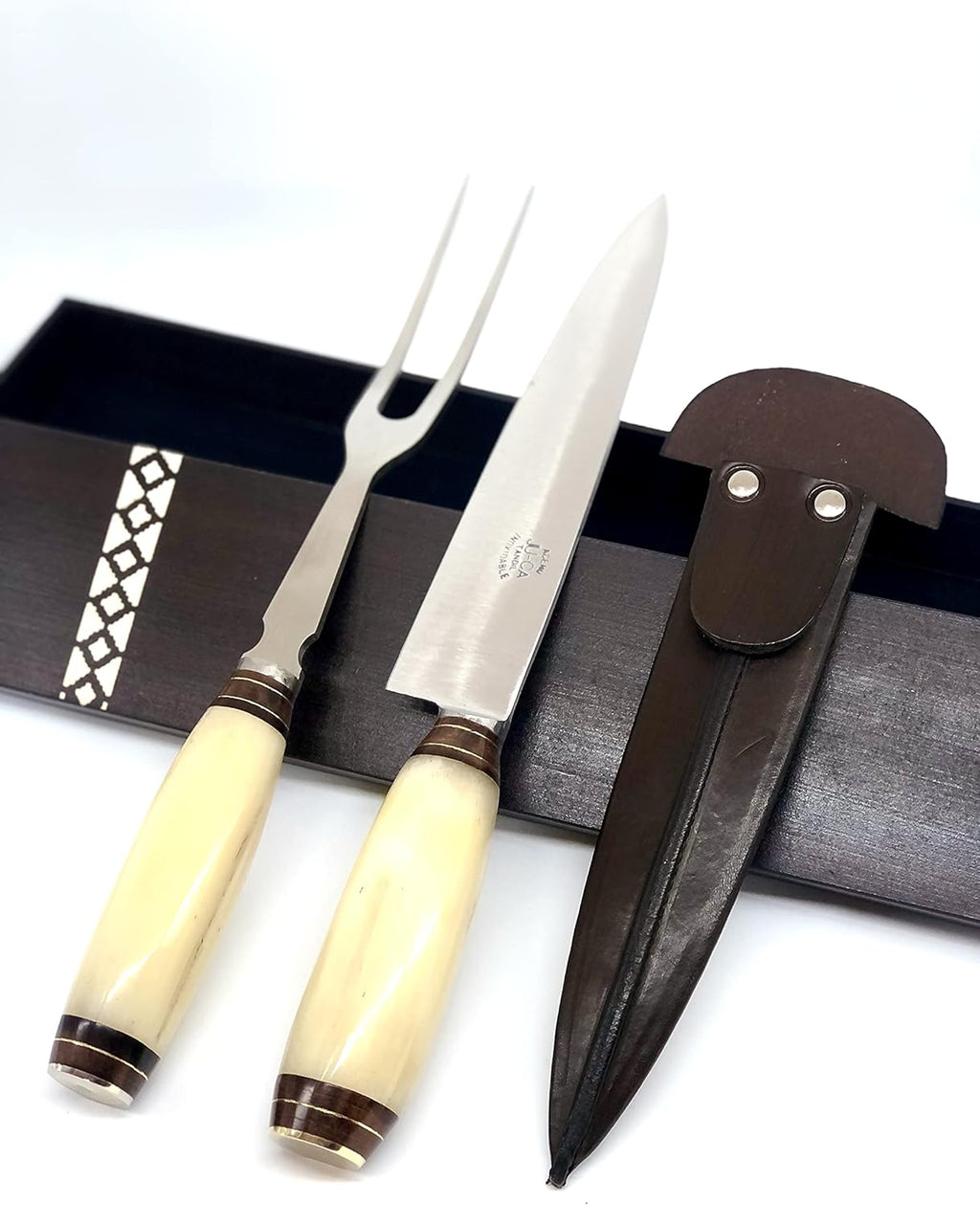Handmade Bone Handle Carving Set with Wooden Box T8334