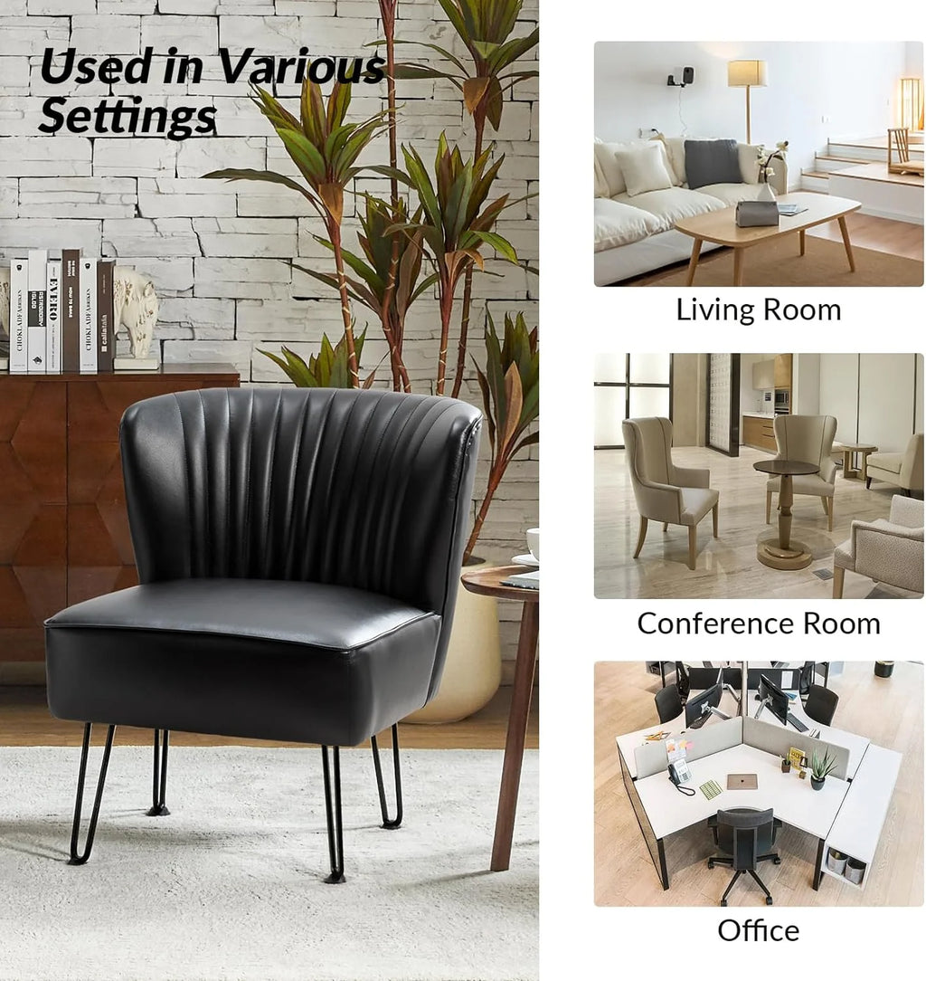 Faux Leather Accent Chairs Set Of 2 With Metal Base, Black H7545