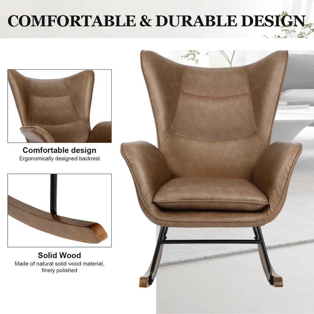 Brown PU Leather Rocker Glider Chair with Wooden Base I740001