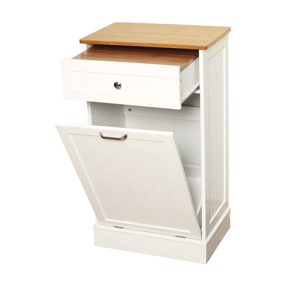 Tilt Out Trash Cabinet Can Bin Kitchen Wooden Free Standing Recycling Cabinet with Drawer Cutting Board (Grey) Y50345
