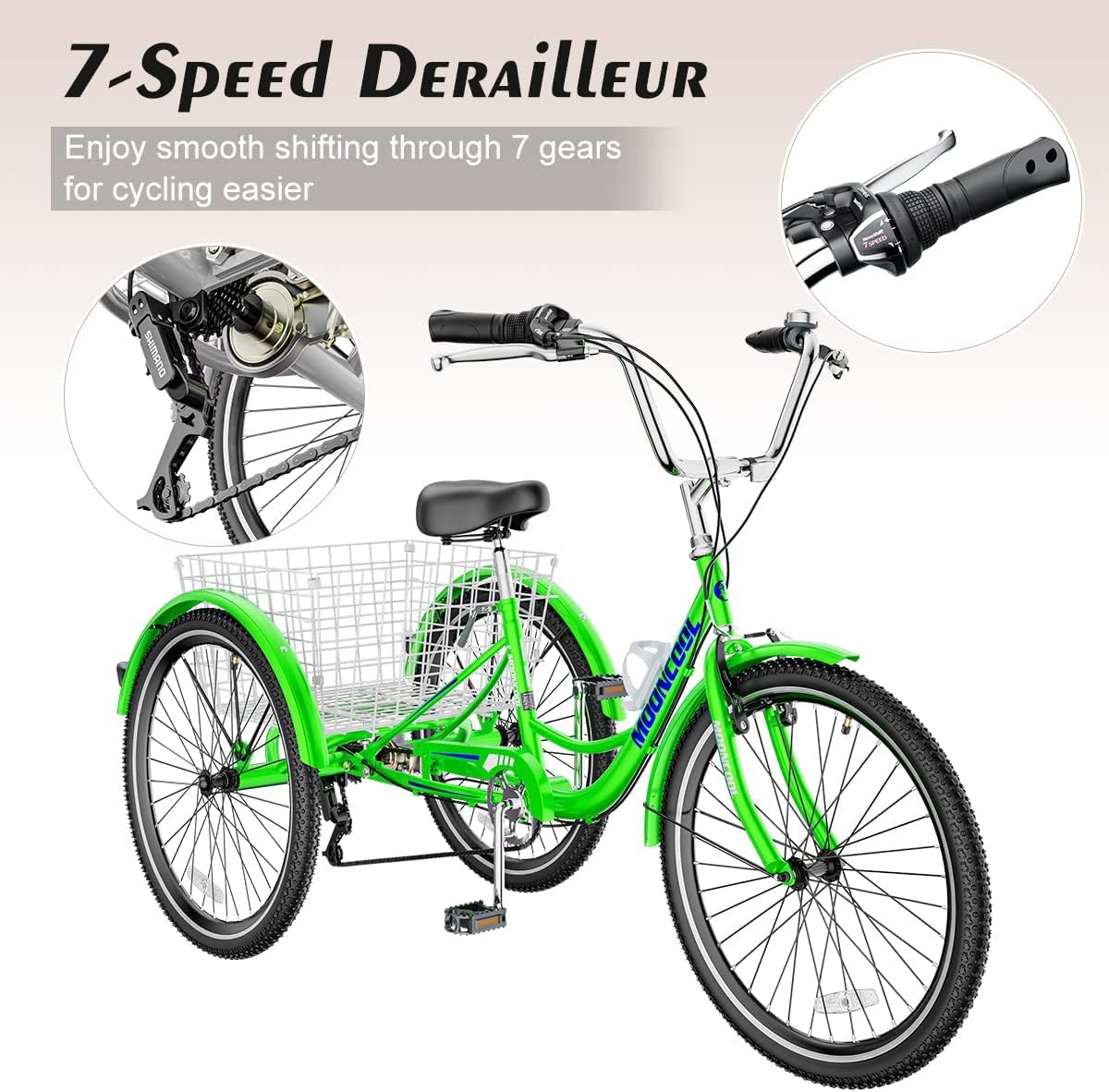 Apple Green 7 Speed 3 Wheel Adult Tricycle with Basket T399529