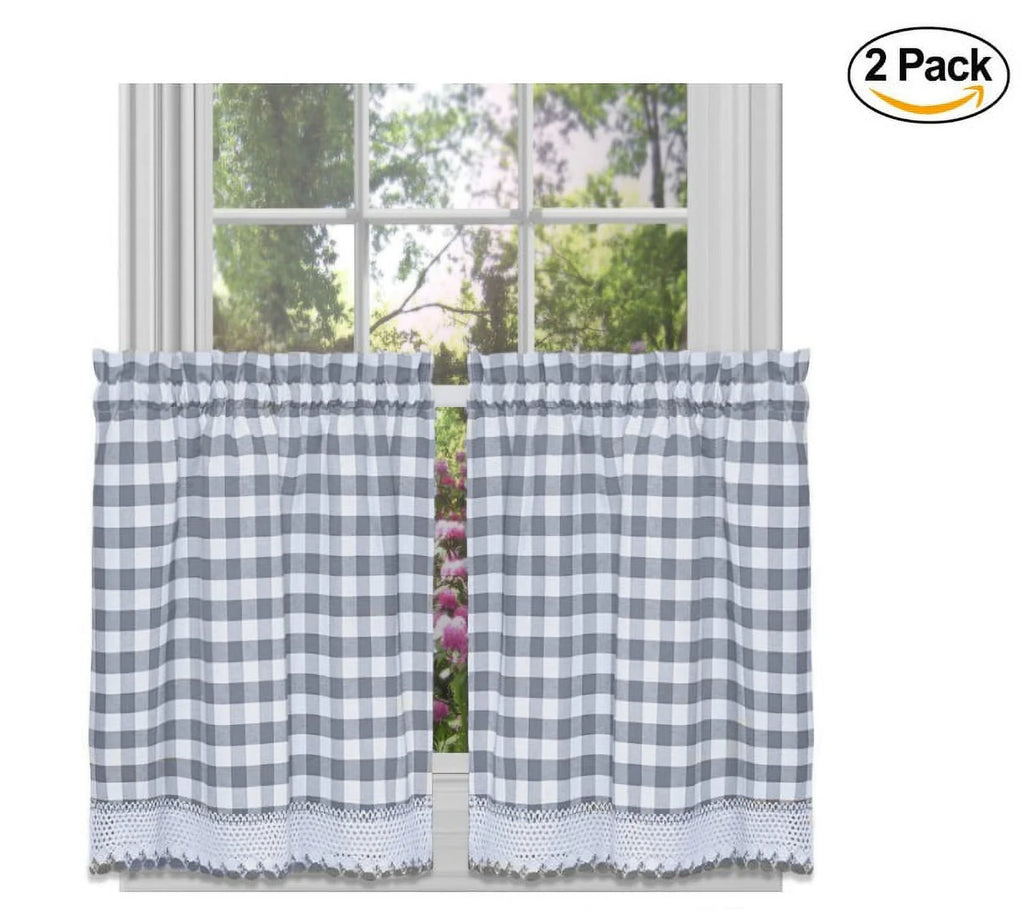 Buffalo Check Window Curtain Tier Pair, 58" X 24", Grey (Set of 2) F429468