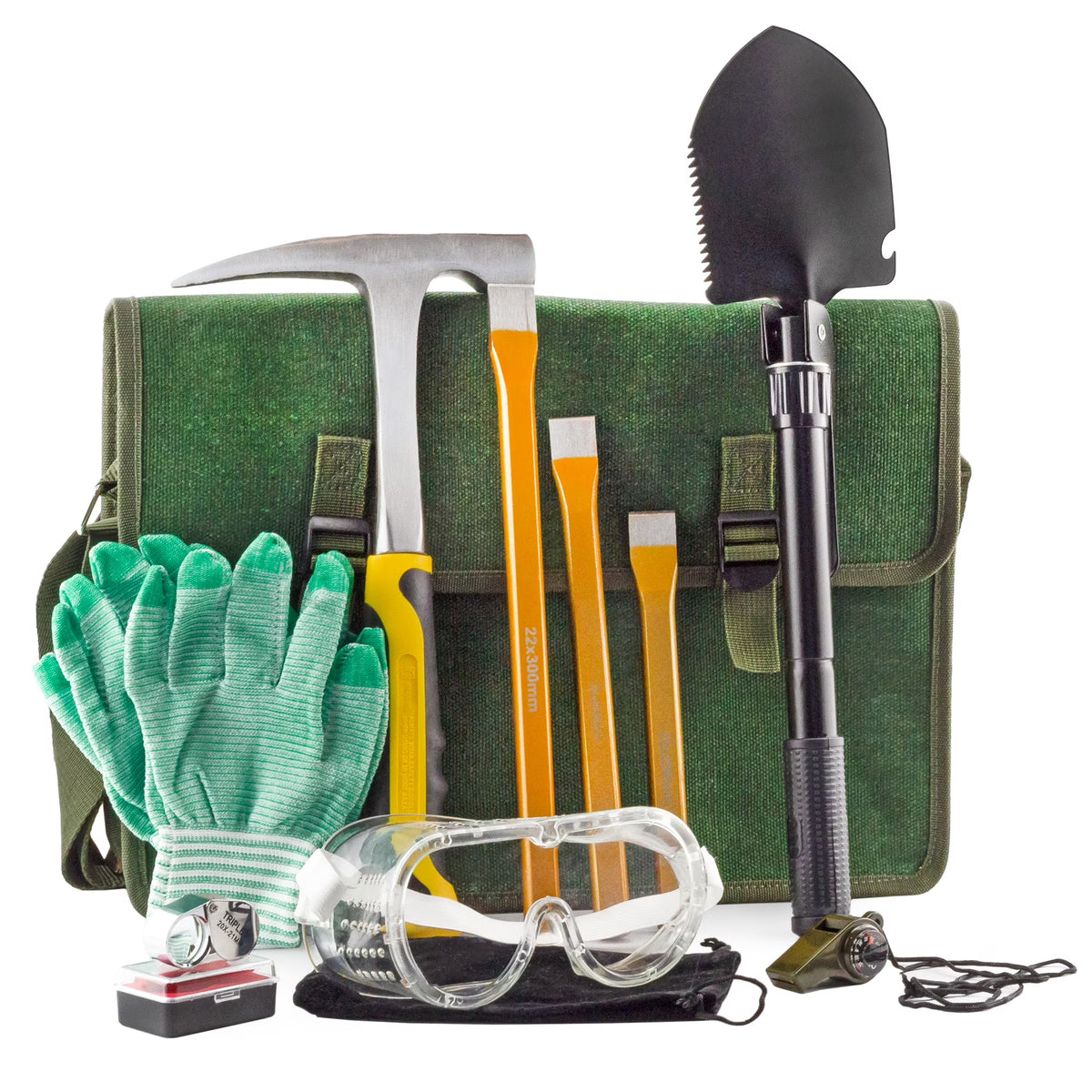 15-Piece Rockhound Mining Kit with Hammer, Chisels, Musette Bag P250349