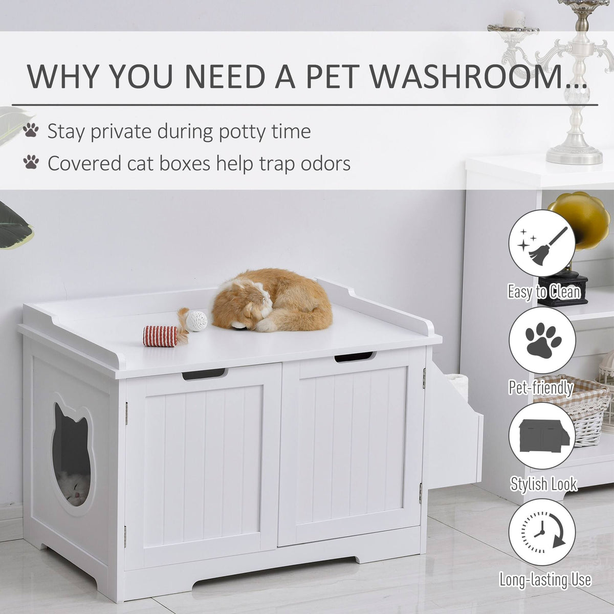 White Wooden Cat Litter Box Enclosure with Storage Rack R3612