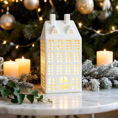 White Ceramic Christmas Village House with Lights U10618